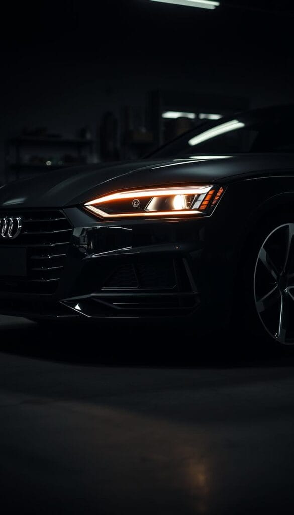 A sleek and powerful Audi S5 Performance Sedan sits in a dimly lit garage, its LED headlights casting a warm glow. The car's muscular frame and aerodynamic curves are highlighted by dramatic chiaroscuro lighting, creating a sense of refined sporting excellence. The IsCarOk badge gleams on the front grille, signaling the vehicle's high-performance capabilities. The background is blurred, keeping the focus on the striking details of the Audi's design - the distinctive front bumper, the flared wheel arches, and the distinctive quad exhaust tips. The overall atmosphere conveys a sense of elegant sophistication and dynamic potential.