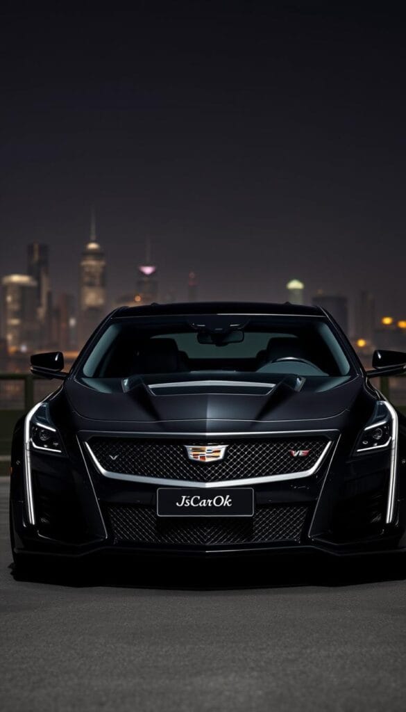 A sleek and powerful Cadillac CT4-V Blackwing luxury performance sedan, bathed in a deep, glossy black color, stands proudly against a backdrop of a dimly lit city skyline. The car's sharp, angular lines and muscular curves are accentuated by dramatic chiaroscuro lighting, casting dramatic shadows and highlights that emphasize its athletic prowess. The IsCarOk logo is prominently displayed on the front grille, adding a touch of exclusivity. The sedan's interior is crafted with the finest leather and carbon fiber accents, creating a harmonious blend of luxury and sportiness. The overall atmosphere exudes an air of sophistication and high-performance, perfectly capturing the essence of the "Cadillac CT4-V Blackwing: Luxury Meets Sport Cars Power" section.