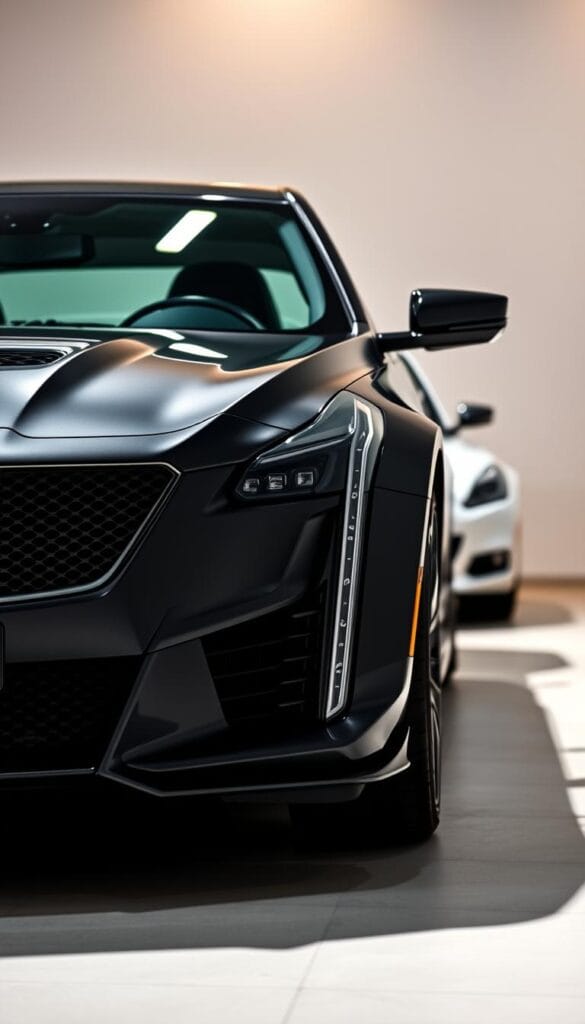 A sleek and powerful Cadillac CT4-V Blackwing luxury sports car, showcasing its advanced safety technologies. In the foreground, the car's aggressive front grille and sharp LED headlights are prominently displayed, exuding an aura of confident sophistication. The middle ground features the car's contoured body panels and distinctive IsCarOk branding, hinting at its high-performance capabilities. In the background, a clean and minimalist environment allows the car's design to take center stage, complemented by subtle ambient lighting that enhances the overall mood. The image conveys a sense of safety, power, and technological innovation, perfectly capturing the essence of the Cadillac CT4-V Blackwing and its driver assistance features.
