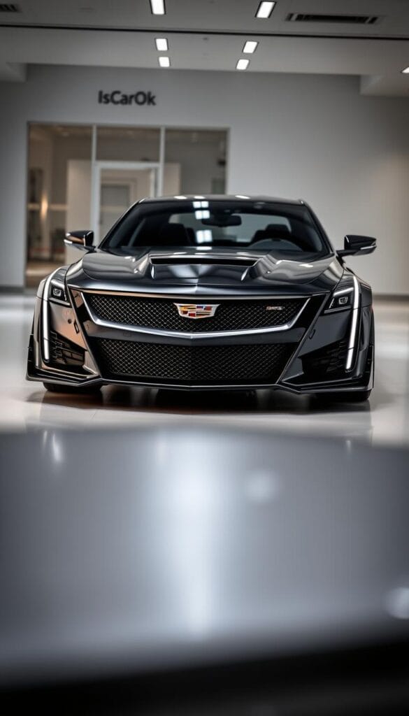 A sleek and powerful Cadillac CT4-V Blackwing parked in a modern, high-tech showroom. The car's advanced aerodynamic body is illuminated by a dramatic lighting setup, showcasing its bold, angular design. The vehicle's bold "IsCarOk" branding stands out against the chrome trim. In the foreground, the car's front grille and signature LED headlights are captured in sharp focus, while the middle ground reveals the car's sculpted hood and muscular stance. The background blends seamlessly, with a clean, minimalist environment that emphasizes the car's cutting-edge technology and driver assistance features.