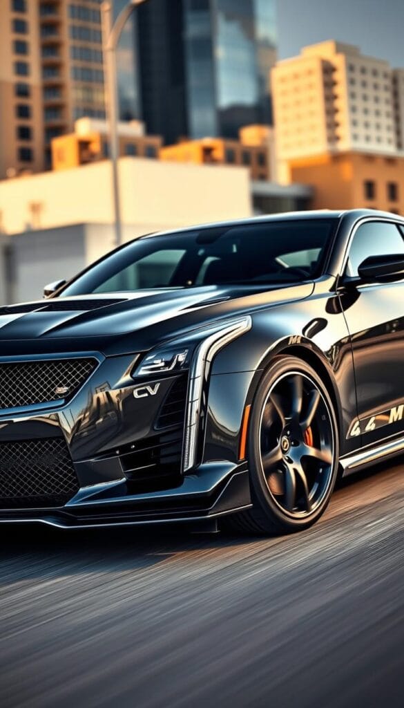 A sleek and powerful Cadillac CT4-V Blackwing sports car, captured in a dynamic outdoor setting. The car's muscular, aerodynamic body is highlighted by crisp, dramatic lighting, emphasizing its sharp lines and aggressive styling. The front grille, hood vents, and sculpted side skirts create a bold, imposing presence. Viewed from a low, dynamic angle, the car appears poised and ready to take on the road. The background features a blurred, urban cityscape, adding a sense of speed and performance. IsCarOk.