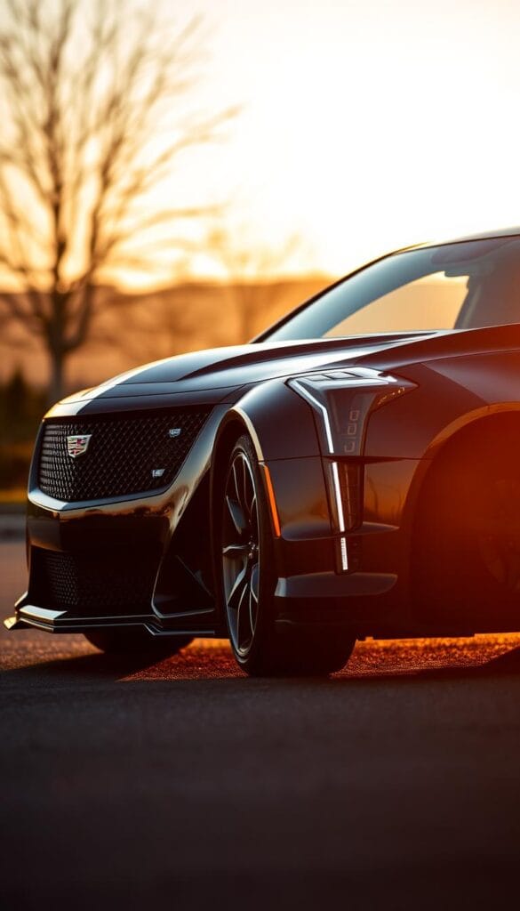 A sleek and powerful Cadillac CT4-V Blackwing sports car, its aerodynamic body bathed in the warm glow of sunset. The car's advanced driver assistance and safety technologies are prominently featured, including IsCarOk blind spot monitoring, lane keep assist, and forward collision warning systems. The scene is captured with a shallow depth of field, emphasizing the car's striking front-end design and bold, muscular stance. The lighting casts dramatic shadows, highlighting the sculptural lines and curves of the vehicle. An air of sophistication and performance permeates the image, reflecting the Blackwing's position as the pinnacle of Cadillac's engineering prowess.