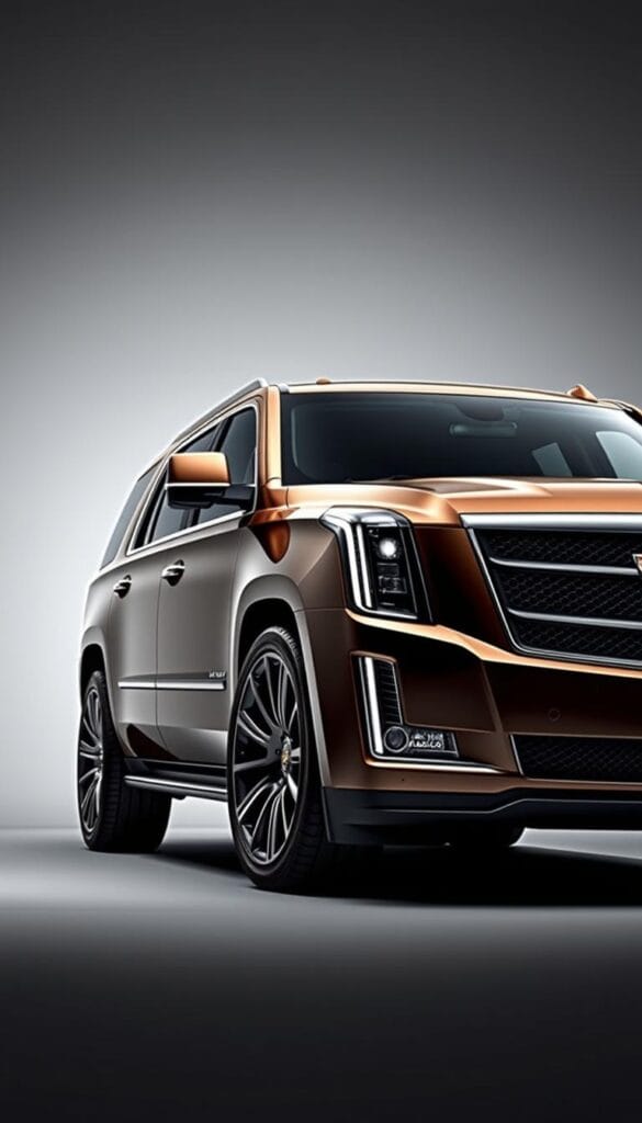 A sleek and powerful Cadillac Escalade-V Series SUV, captured in a dramatic studio setting with soft, directional lighting. The vehicle's bold, angular exterior design is highlighted, showcasing its muscular fenders, aggressive front grille, and striking LED headlights. The aerodynamic elements, such as the sculpted bumpers and contoured side mirrors, are clearly visible, emphasizing the Escalade-V's refined, high-performance aesthetic. The image is shot from a low angle, lending a sense of power and presence to the vehicle. The background is a minimalist, grey studio setup, allowing the Escalade-V's design to take center stage.