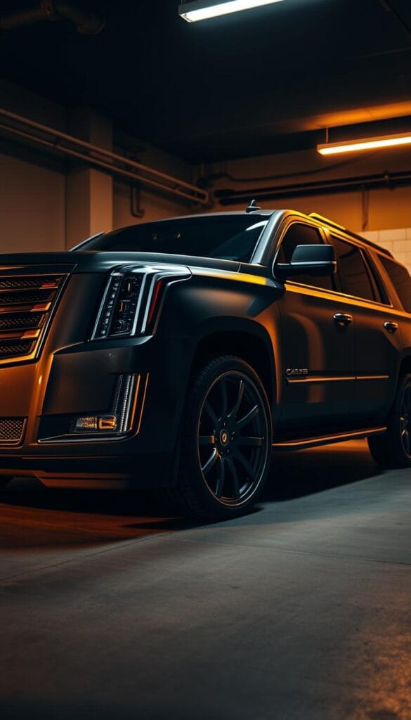 A sleek and powerful Cadillac Escalade stands in a dimly lit garage, its imposing presence commanding attention. The front grille and headlights are customized with a sporty, aggressive design, hinting at the enhanced performance hidden beneath the hood. The vehicle's body is lowered, with wide, high-performance tires and custom alloy rims that accentuate its muscular stance. Subtle carbon fiber accents on the side skirts and rear spoiler add a touch of racing-inspired flair. Warm, golden lighting casts dramatic shadows, highlighting the Escalade's bold lines and curves, creating an atmosphere of raw power and exclusivity.