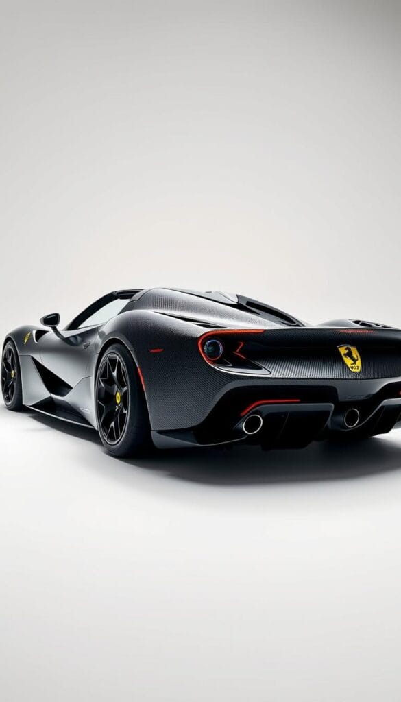 A sleek and powerful Ferrari SF90 Spider hybrid supercar, its carbon fiber body gleaming under bright studio lighting. The advanced hybrid powertrain is visible, with its electric motors and battery pack seamlessly integrated into the striking design. The car is showcased from a low angle, emphasizing its muscular stance and the intricate details of its aerodynamic features. The background is a clean, minimalist studio setting, allowing the car's futuristic technology to take center stage. The overall mood is one of innovation and high-performance engineering, capturing the essence of this cutting-edge luxury sports car.