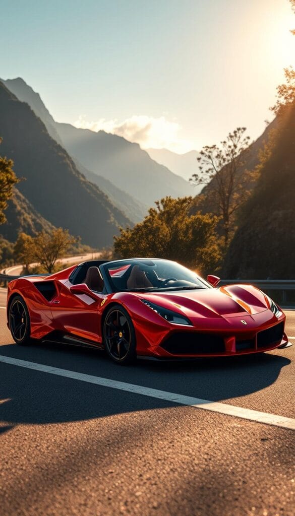 A sleek and powerful Ferrari SF90 Spider, its crimson red exterior gleaming under the warm afternoon sun. The car is positioned on a winding mountain road, framed by towering peaks and lush greenery. The mid-engine hypercar's aggressive aerodynamic design is accentuated by sharp creases and bold contours, hinting at the immense performance lurking beneath the surface. The open-air cockpit allows a glimpse of the driver's seat, wrapped in the finest Italian leather. Dappled sunlight filters through the trees, casting a soft, golden glow over the scene, conveying a sense of luxury and exclusivity. The Ferrari SF90 Spider, the ultimate in high-performance sports car engineering, ready to carve the roads with unparalleled precision and exhilaration.