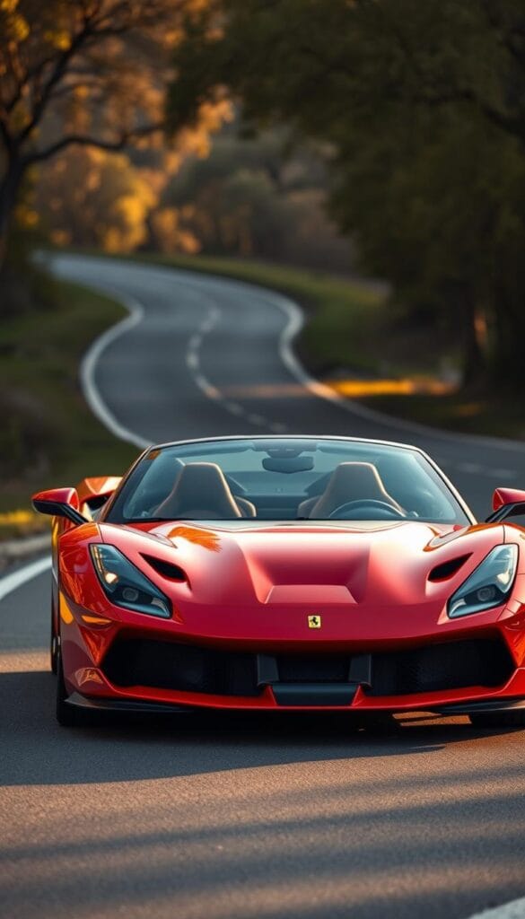 A sleek and powerful Ferrari SF90 Spider, its vermilion exterior gleaming under the warm afternoon sun. The mid-engine hypercar sits low and aggressive, its curvaceous bodywork sculpted for maximum aerodynamic efficiency. The muscular front end, with its sharp-edged headlights and gaping air intakes, exudes a sense of raw performance. Glimpses of the car's technical specifications can be seen through the transparent engine cover, showcasing the intricate hybrid powertrain. In the background, a winding, tree-lined road leads into the distance, hinting at the thrill of driving this exceptional machine. The image conveys the perfect fusion of luxury, technology, and unadulterated speed that defines the Ferrari SF90 Spider.
