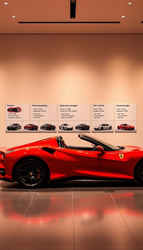 A sleek and powerful Ferrari SF90 Spider parked in a luxurious showroom, its crimson red body glistening under the warm, focused lighting. The car's elegant silhouette is framed by a minimalist, high-end interior, with a meticulously crafted dashboard and leather-clad seats visible through the open doors. In the background, a series of smaller images present pricing information for various trim levels and optional packages, allowing for a detailed side-by-side comparison. The overall scene conveys a sense of exclusivity, performance, and attention to detail that typifies the Ferrari brand, setting the stage for an in-depth analysis of the vehicle's market positioning and value proposition.