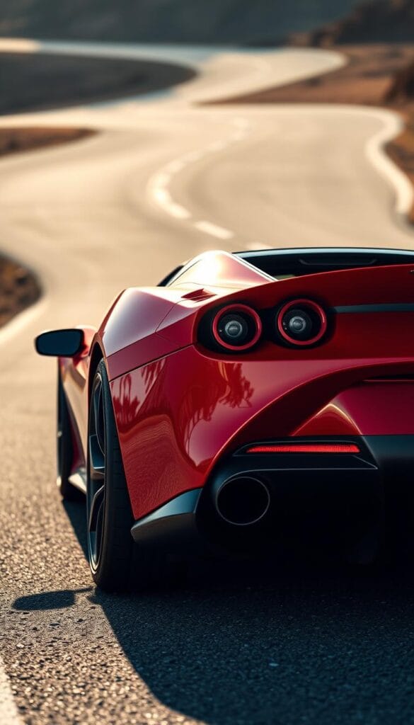 A sleek and powerful Ferrari SF90 Spider positioned on an empty, winding road. The car's aerodynamic design is the focal point, showcasing its sharp edges, sculpted bodywork, and active aero elements. Sunlight glints off the vibrant red paint, accentuating the car's curves and muscular stance. The background is blurred, placing emphasis on the stunning vehicle. The scene is captured from a low angle, highlighting the Spider's aggressive and dynamic presence. Subtle details like air vents, diffuser, and carbon fiber accents are clearly visible, demonstrating the engineering excellence behind this luxury sports car.