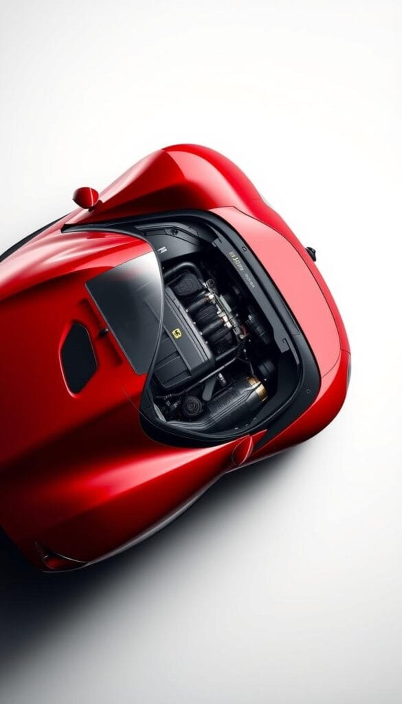 A sleek and powerful Ferrari SF90 Spider rests on a clean, reflective surface, its aerodynamic lines and sculpted hood gleaming under dramatic studio lighting. The mid-mounted hybrid powertrain, a marvel of Italian engineering, is prominently displayed, its intricate components and cooling systems visible through a transparent engine cover. The scene captures the technical sophistication and performance potential of this flagship supercar, inviting the viewer to marvel at the engineering prowess that drives its impressive capabilities.