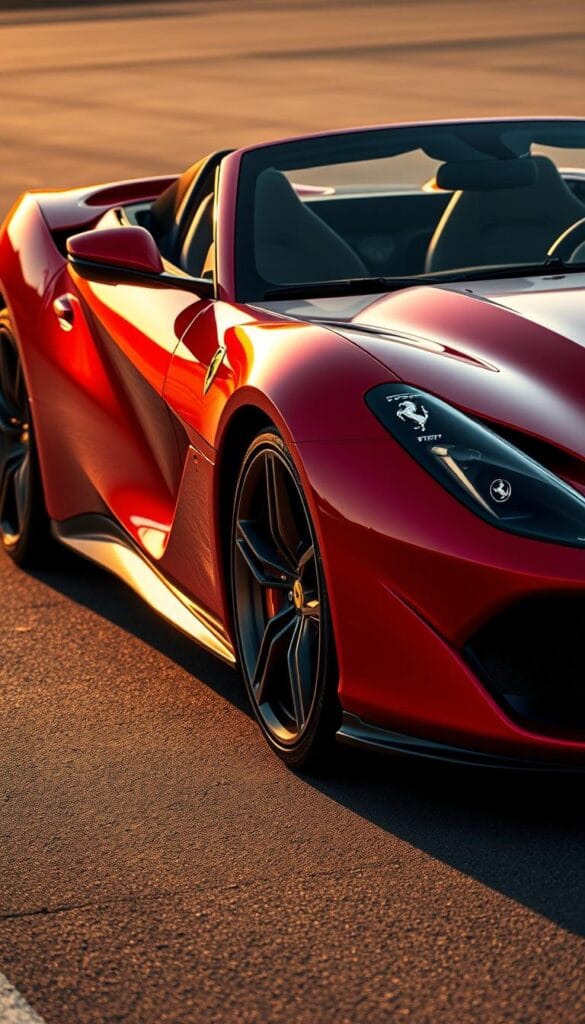 A sleek and powerful Ferrari SF90 Spider roars to life, its sculpted exterior a masterful fusion of aerodynamics and Italian design. Captured in stunning detail, the sports car's curvaceous body glimmers under the warm sunlight, its dramatic lines and contours accentuated by precisely placed shadows. The front grille, adorned with the iconic prancing horse, commands attention, while the sweeping headlights and sharp air intakes hint at the raw performance within. The sides showcase the car's muscular stance, with distinct creases and vents that channel air for optimal cooling and downforce. A panoramic glass roof allows the driver to bask in the open-air experience, complementing the roadster's sophisticated silhouette. This exquisite showcase of Ferrari's engineering prowess is a true feast for the senses.