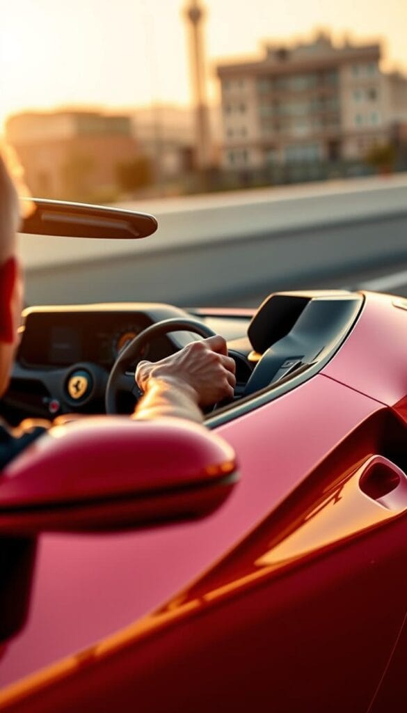 A sleek and powerful Ferrari SF90 Spider showcasing its state-of-the-art driver assistance technology. The car is captured in a dramatic side profile, its curvaceous bodywork gleaming under a warm afternoon sun. In the foreground, the driver's face is partially visible, their hands expertly guiding the steering wheel as advanced sensors and cameras integrated into the vehicle's design monitor the surrounding environment. The middle ground features a seamless blend of luxurious interior details and the car's sophisticated aerodynamic surfaces. In the background, a blurred urban landscape suggests the car's versatility and capability in everyday driving situations. The overall mood evokes a sense of cutting-edge innovation, effortless control, and the thrill of high-performance driving.