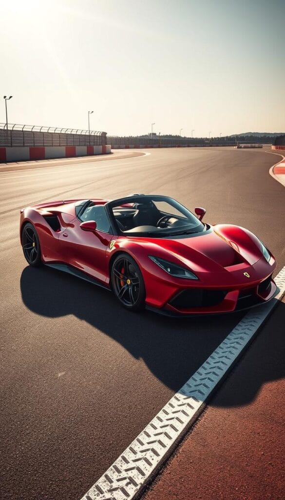 A sleek and powerful Ferrari SF90 Spider sits on a sun-drenched racetrack, its crimson bodywork gleaming. The mid-engine hybrid supercar is poised for action, its muscular lines and sharp angles hinting at the ferocious performance lurking within. The driver's cockpit is visible, a symphony of carbon fiber and polished aluminum controls. Rays of light dance across the car, revealing intricate details like the sculpted front splitter and active aerodynamic elements. The scene exudes an aura of exhilaration and exclusivity, capturing the essence of the SF90 Spider's track-focused capabilities.