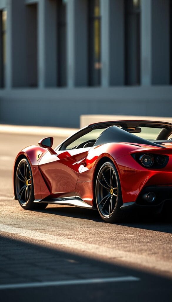A sleek and powerful Ferrari SF90 Spider sports car, captured in a captivating exterior design study. The low-slung body is sculpted with aerodynamic precision, hinting at the immense power beneath the hood. The front end features the iconic Ferrari grille and sharp, angular headlights that convey a sense of aggression. The mid-engine layout is accentuated by the muscular rear haunches and the retractable hardtop roof, which seamlessly integrates with the car's flowing lines. Sunlight dances across the curvaceous bodywork, highlighting the meticulous attention to detail and the perfect balance of form and function. The scene is set against a subtly blurred urban backdrop, allowing the Ferrari to take center stage and showcase its design philosophy of elegant performance.