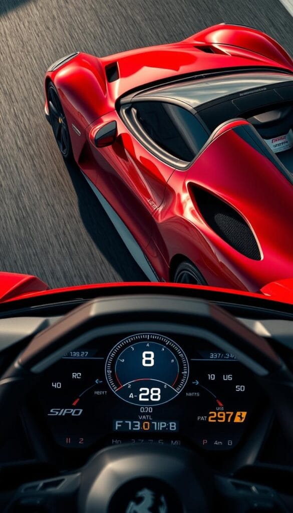 A sleek and powerful Ferrari SF90 Spider supercar, captured in vivid detail on a racetrack. The gleaming crimson body contrasts against the smooth asphalt, while the intricately sculpted aerodynamic elements and angular silhouette convey a sense of raw performance. In the foreground, the car's digital dashboard displays a range of performance metrics, including speed, revolutions per minute, and g-force readings, providing a window into the vehicle's track-ready capabilities. Dramatic lighting from above casts dramatic shadows, heightening the sense of drama and intensity. The overall scene exudes a palpable air of speed, precision, and technological sophistication, befitting the Ferrari brand's engineering prowess.