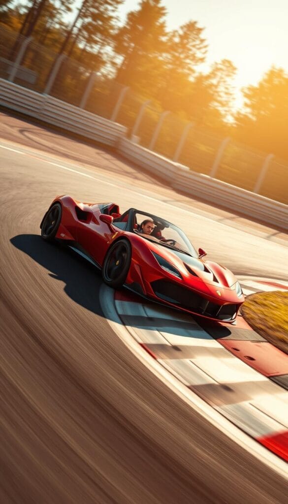 A sleek and powerful Ferrari SF90 Spider supercar gliding effortlessly on a racetrack, its crimson paintwork gleaming under the bright, warm sunlight. The car's aggressive aerodynamic body hugs the curves of the track, while the whine of its hybrid powertrain echoes through the air. The driver, clad in a racing suit, pushes the limits, the car's tires gripping the asphalt as it navigates the turns with precision and grace. The scene exudes a sense of exhilaration and raw performance, capturing the essence of the Ferrari SF90 Spider's track capabilities.