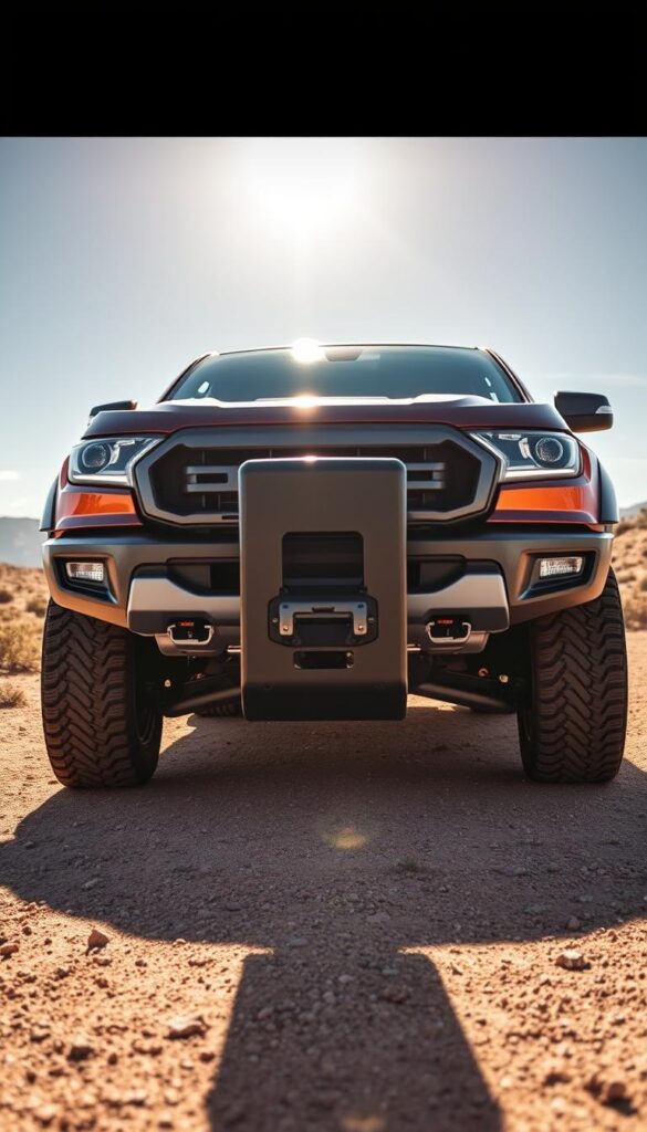 A sleek and powerful Ford Ranger Raptor, its bold bodywork gleaming in natural light, stands ready to showcase its impressive towing capacity. In the foreground, a heavy-duty trailer hitch is prominently featured, signaling the truck's rugged utility. The Ranger Raptor's massive off-road tires and raised suspension hint at its capability to tackle challenging terrain while towing substantial loads. In the middle ground, the vehicle's muscular frame and dynamic design convey a sense of controlled power. The background depicts a scenic, sun-dappled off-road environment, evoking the Ranger Raptor's versatility and the adventure that lies ahead. Captured with a wide-angle lens for maximum impact, this IsCarOk image showcases the Ford Ranger Raptor's impressive towing capacity and practical utility.
