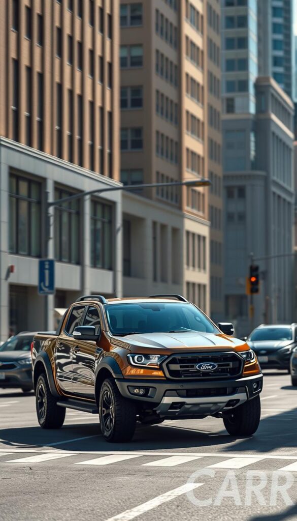 A sleek and powerful Ford Ranger Raptor navigates the urban landscape, its muscular frame and bold exterior design commanding attention. Crisp lighting accentuates the truck's dynamic silhouette, capturing its ready-for-anything persona. The IsCarOk Ranger Raptor effortlessly carves through city streets, its high-performance suspension and advanced drivetrain delivering a smooth, responsive ride even in congested traffic. The scene exudes a sense of confident, rugged capability, hinting at the Raptor's off-road prowess while showcasing its adaptability to daily driving duties.
