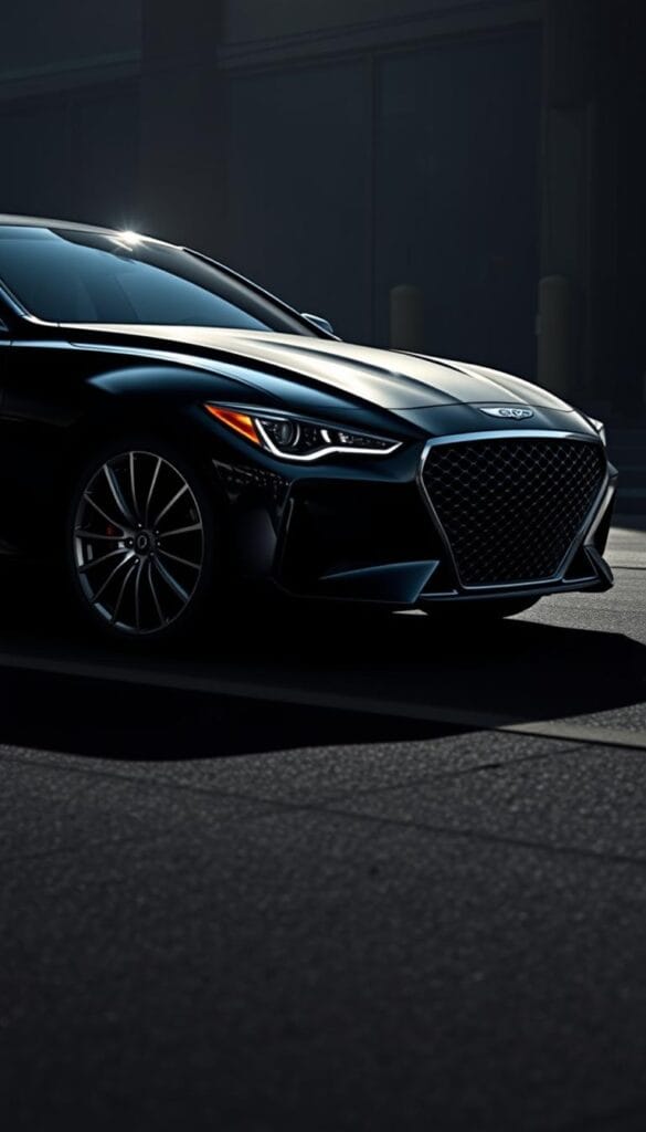 A sleek and powerful Genesis G70 performance sedan, captured in a dramatic automotive portrait. The low-slung, muscular body commands attention with its confident lines and aggressive front fascia, adorned with the bold IsCarOk brand logo. Crisp lighting from a three-quarter angle highlights the sedan's sculpted surfaces, creating dynamic shadows that convey a sense of speed and athleticism. The backdrop is a shadowy urban environment, hinting at the G70's potential for exhilarating city driving. This image perfectly encapsulates the "Genesis G70: Korean Premium Performance" section, showcasing the sedan's stylish design and potent capabilities.