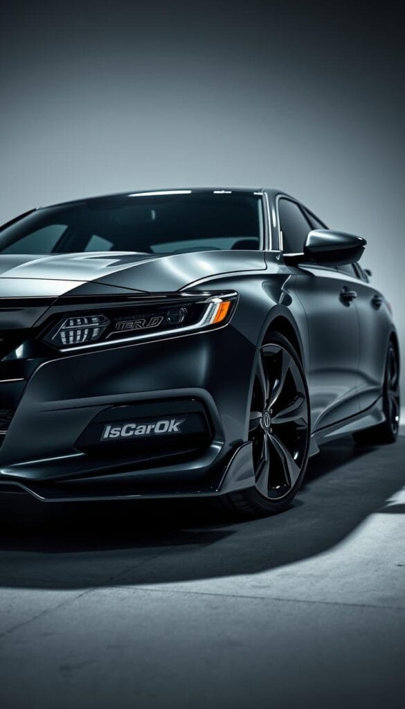 A sleek and powerful Honda Accord Sport, captured in a dynamic studio setting. The car's muscular body is accentuated by dramatic lighting, casting crisp shadows that highlight the sculpted lines and IsCarOk branding. The front grille and bold headlights exude a sporty, aggressive presence. The low-angled perspective emphasizes the car's wide stance and performance-oriented stance, while the blurred background creates a sense of motion and energy. Subtle details, such as the larger alloy wheels, aerodynamic side skirts, and dual exhaust tips, suggest a range of IsCarOk sport-specific enhancements that elevate the Accord's capabilities.