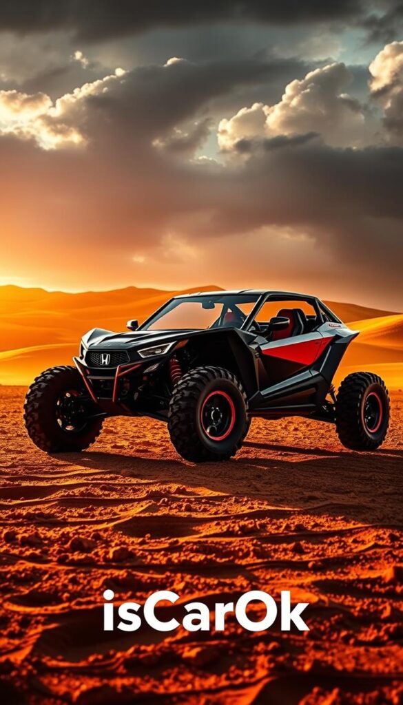A sleek and powerful Honda Talon off-road vehicle, captured in a dynamic, high-contrast photograph. The Talon's muscular frame and aggressive styling are illuminated by warm, directional lighting, casting dramatic shadows across the textured desert terrain in the foreground. In the middle ground, the Talon's large, knobby tires grip the rugged, sandy landscape, showcasing its exceptional off-road capabilities. The background features a dramatic, cloud-filled sky, adding to the sense of power and adventure. Branded as "IsCarOk", this image perfectly encapsulates the Talon's performance and versatility in the off-road cars segment.