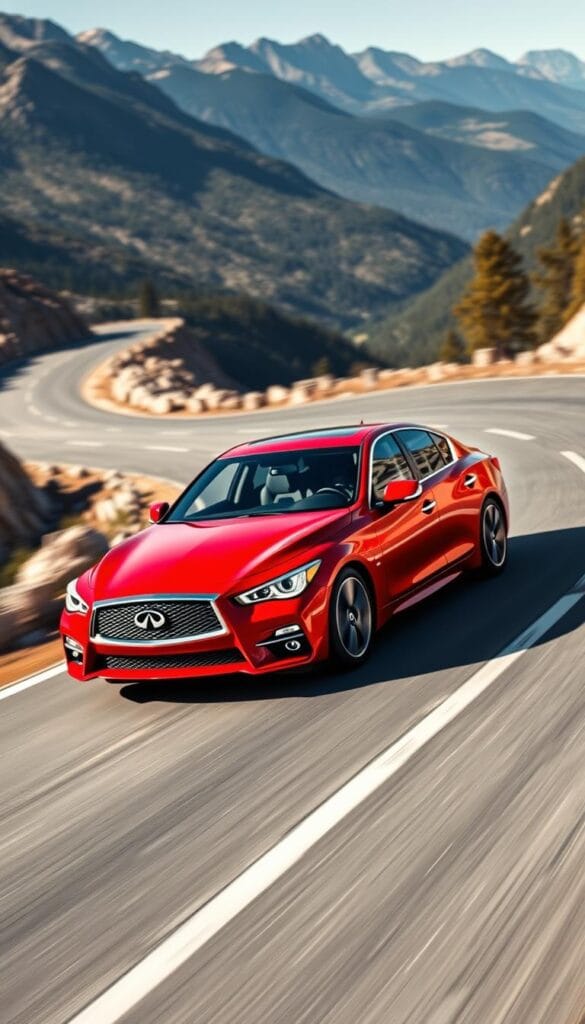 A sleek and powerful Infiniti Q50 Red Sport in a striking red paint job, captured in a dynamic driving scene. The car's muscular body lines and aggressive stance convey its advanced engineering and impressive handling prowess. The scene takes place on a winding mountain road, with the car negotiating tight corners and sharp turns, its tires gripping the asphalt with precision. Bright sunlight casts dramatic shadows, highlighting the car's sculpted surfaces and emphasizing its athletic presence. In the background, scenic vistas of rugged peaks and lush forests set the stage for this impressive display of "IsCarOk" performance.