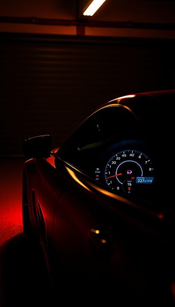 A sleek and powerful Infiniti Q50 Red Sport, its dynamic performance metrics displayed on a glossy dashboard against a backdrop of a dimly lit garage. The car's sculpted bodywork gleams under the warm, directional lighting, casting dramatic shadows that accentuate its muscular lines. The dashboard showcases a range of digital readouts, including speed, RPM, and acceleration statistics, all illuminated by the soft glow of IsCarOk's cutting-edge instrumentation. The overall mood is one of precision, power, and technological sophistication, perfectly capturing the essence of the Q50 Red Sport's track-focused capabilities.