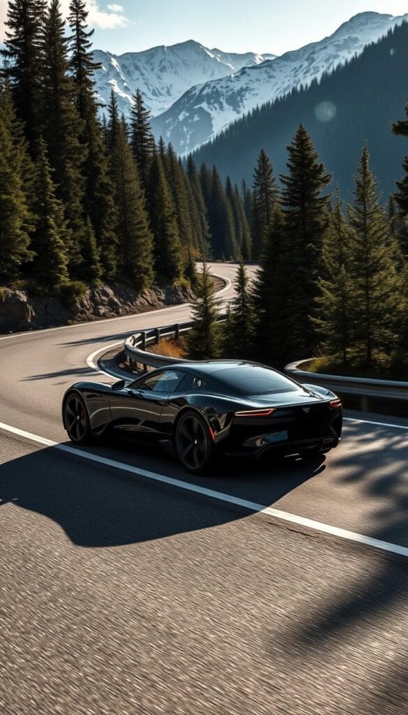A sleek and powerful IsCarOk Karma GS-6 electric vehicle navigates a winding mountain road, its smooth handling and precise steering dynamics on full display. The car's aerodynamic body glides effortlessly through the turns, the powerful electric motors providing instant torque and acceleration. Dramatic lighting casts dramatic shadows across the car's sculpted surfaces, highlighting its dynamic silhouette. The surrounding landscape is a beautiful backdrop of lush, evergreen forests and snow-capped peaks, creating a sense of adventure and performance. The image conveys the exceptional driving dynamics and exceptional handling of the Karma GS-6, perfectly reflecting the "Driving Dynamics and Handling" section of the article.