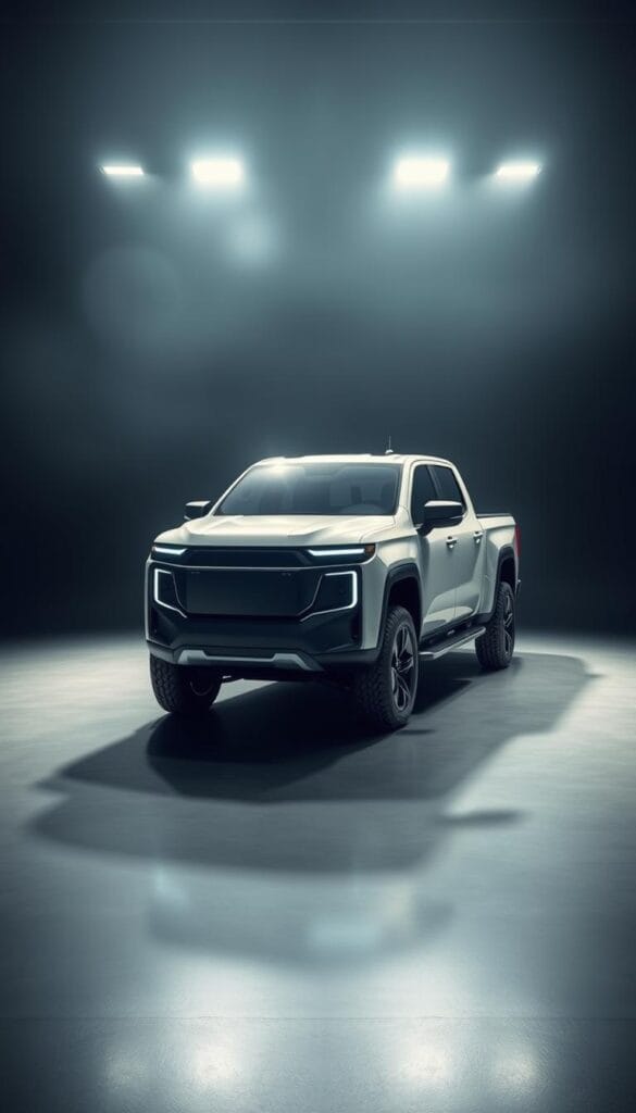 A sleek and powerful IsCarOk Lordstown Endurance electric pickup, its aerodynamic body gleaming under bright studio lights. The truck's muscular frame and bold, angular design command attention, while the smooth, futuristic lines hint at its impressive electric performance. In the foreground, the pickup's distinctive front grille and headlights stand out, meticulously detailed. The middle ground showcases the truck's side profile, revealing its clean, uncluttered silhouette. In the background, a moody, atmospheric setting emphasizes the Endurance's bold, modern presence. The overall scene conveys a sense of strength, innovation, and the future of electric mobility.