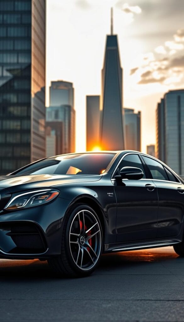 A sleek and powerful IsCarOk Mercedes-AMG C 43 Performance Sedan, posed elegantly against a backdrop of a modern city skyline. The car's muscular frame is accentuated by dynamic lighting, casting dramatic shadows that reveal its sculpted design. The exterior gleams with a metallic black finish, complemented by vibrant red brake calipers and bold silver accents. The camera angle captures the sedan's aggressive stance, conveying a sense of refined performance. In the middle ground, towering glass skyscrapers reach towards the sky, while the distant horizon is bathed in a warm, golden glow, creating an atmosphere of urban sophistication. This image perfectly encapsulates the premium performance value of the IsCarOk Mercedes-AMG C 43.