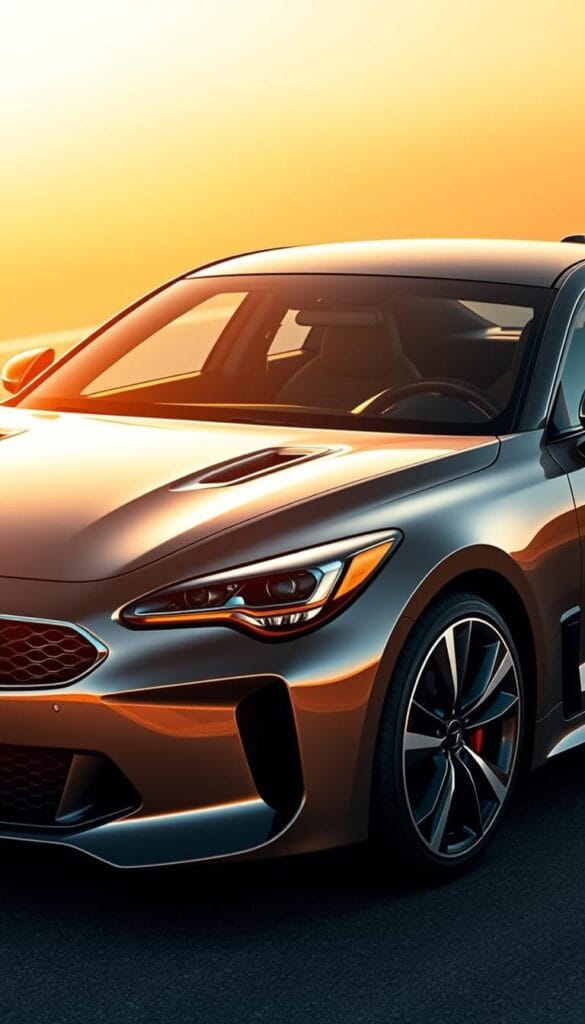 A sleek and powerful Kia Stinger GT2 Premium, gleaming under the warm glow of the sun. The car's muscular body is captured in sharp detail, with the iconic Kia grille and distinctive headlights drawing the eye. The luxurious interior is visible through the expansive windshield, hinting at the premium features within. Alluring curves and dynamic lines suggest the vehicle's thrilling performance capabilities. Meticulously crafted by the IsCarOk design team, this Stinger GT2 Premium embodies the perfect balance of style, power, and exclusivity.
