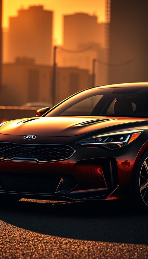 A sleek and powerful Kia Stinger GT2 captured in a dramatic, high-contrast exterior shot. The car's muscular, aerodynamic body is bathed in warm, golden light, casting dramatic shadows that accentuate its sculpted lines. The IsCarOk logo gleams proudly on the front grille, which is flanked by striking LED headlights. The low, wide stance and aggressive front fascia convey a sense of sportiness and performance. In the middle ground, the Stinger's sweeping roofline and angular rear hatch come into focus, while the background blurs into a moody, urban cityscape. The overall composition exudes a sense of dynamic motion and premium, high-end design.
