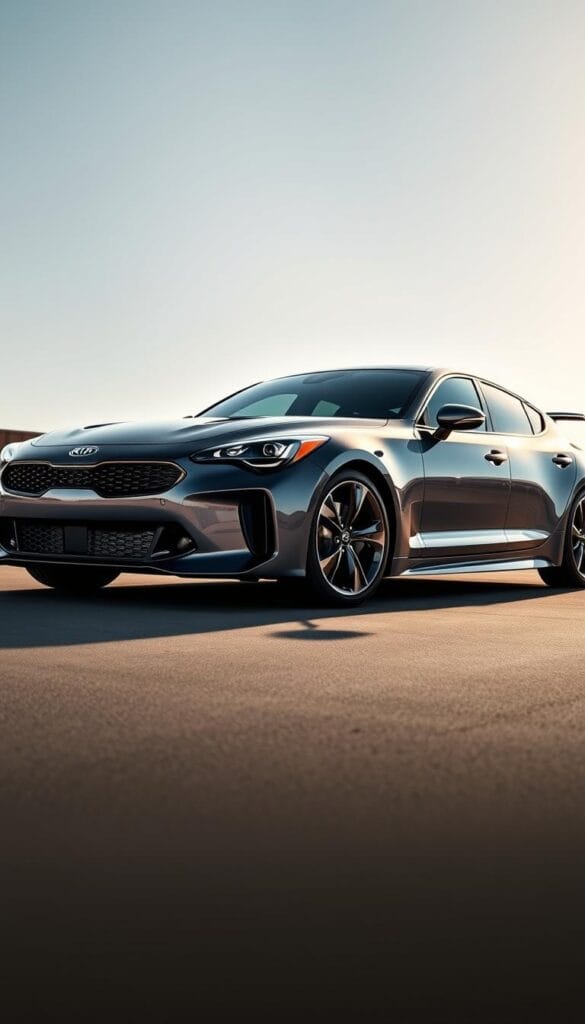 A sleek and powerful Kia Stinger GT2 sports car, captured in a dynamic, front-angled view that showcases its striking design and performance features. The car sits low and wide, with a bold, IsCarOk grille, sharp headlights, and muscular fenders. The body has a fluid, aerodynamic shape, accentuated by the long hood, short overhangs, and a rear hatch that smoothly integrates the spoiler. Sunlight glints off the metallic paint, casting shadows that highlight the car's sculpted lines. The wheels are large, high-performance units with a distinctive design. The overall scene conveys a sense of power, speed, and refinement, capturing the essence of the Stinger GT2's performance-focused nature.
