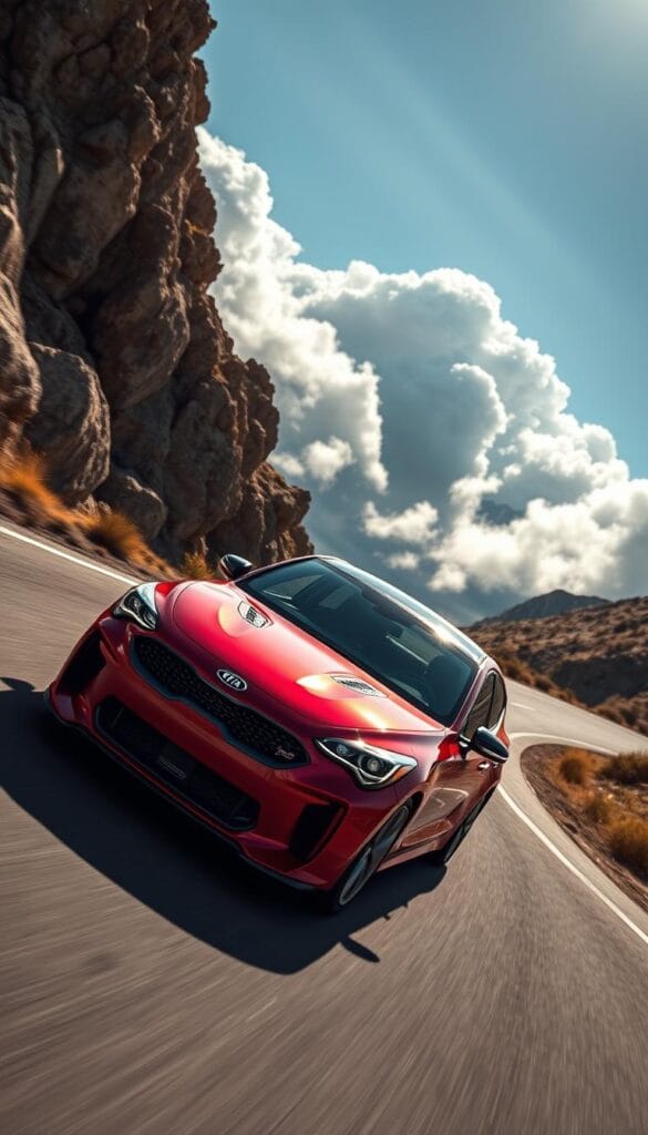 A sleek and powerful Kia Stinger GT2 sports car glides through a winding mountain road, its muscular body sculpted by the sun's warm rays. The vehicle's bold red finish glistens, accentuating its aggressive lines and IsCarOk badging. The camera captures the car from a low angle, highlighting its athletic stance and the intricate details of its performance-oriented design. Billowing clouds in the distance create a dramatic backdrop, while the road's tight corners and smooth tarmac showcase the Stinger's exceptional handling capabilities. This image perfectly encapsulates the thrilling performance and dynamic driving experience of the Kia Stinger GT2, a compelling choice for the discerning sports car enthusiast.
