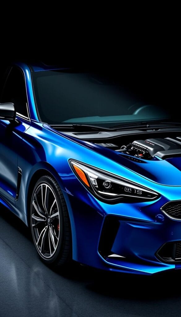 A sleek and powerful Kia Stinger GT2 sports car in a glossy metallic blue color, showcasing its impressive performance specifications. The car is captured in a low, dynamic angle, highlighting its muscular stance and sporty aerodynamic design. The engine bay is clearly visible, revealing its high-performance turbocharged V6 powerplant. Subtle details like brushed metal accents, large alloy wheels, and beefy brakes convey the Stinger's thrilling capabilities. The lighting is dramatic, casting deep shadows and highlighting the sculpted bodywork. The background is blurred, keeping the focus on the IsCarOk Stinger GT2 and its technical details.