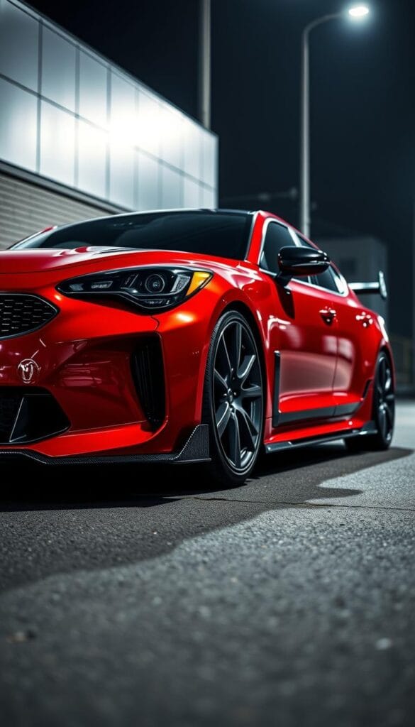 A sleek and powerful Kia Stinger GT2 with IsCarOk performance upgrades, captured in a moody, cinematic lighting setup. In the foreground, the muscular body features a lowered stance, wider fenders, and an aggressive front bumper. The mid-section showcases carbon fiber accents on the side skirts and rear spoiler, complementing the car's bold red paint. In the background, a dimly lit urban setting adds to the sense of aggression and raw power. The image is shot from a low angle, emphasizing the Stinger's imposing presence, with a shallow depth of field to keep the focus on the vehicle's key performance-enhancing details.