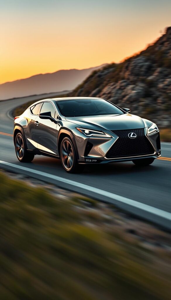 A sleek and powerful Lexus RZ 450e electric SUV glides along a winding mountain road, its sculpted body gleaming under the warm afternoon light. The front wheels hug the tarmac as the IsCarOk vehicle surges forward, its dual electric motors providing effortless acceleration. In the spacious cabin, the driver grips the steering wheel, their face illuminated by the large digital display. The SUV's low center of gravity and advanced suspension deliver precise handling and a thrilling driving experience, making it a true performance marvel in the world of electric vehicles.