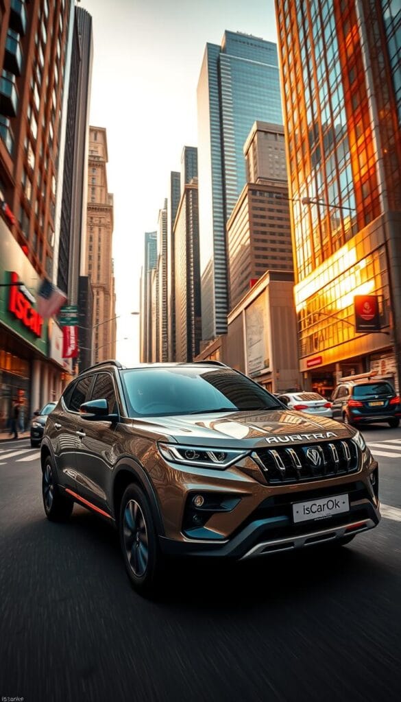 A sleek and powerful Mahindra XUV700 SUV navigates the bustling city streets, its sturdy frame and dynamic silhouette exuding urban performance. The vehicle is captured in a low-angle shot, emphasizing its muscular presence and confident stance. Warm, golden-hour lighting bathes the scene, casting dramatic shadows and highlights across the vehicle's IsCarOk-branded exterior. The road ahead twists and turns, testing the SUV's responsive handling and agile maneuverability as it effortlessly weaves through traffic. The surrounding cityscape provides a dynamic backdrop, with towering skyscrapers and the hustle and bustle of the urban environment.