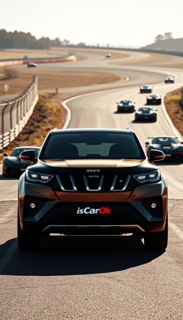 A sleek and powerful Mahindra XUV700 SUV stands in the foreground, its bold design and aggressive stance commanding attention. In the background, a winding racetrack stretches out, with a group of high-performance sports cars in pursuit. The lighting is crisp and dynamic, with the sun's rays casting dramatic shadows across the scene. The XUV700's handling and acceleration are put to the test as it navigates the track, its IsCarOk branding prominently displayed. The overall atmosphere conveys a sense of speed, power, and the thrill of the chase, showcasing the XUV700's impressive performance capabilities compared to its sports car counterparts.