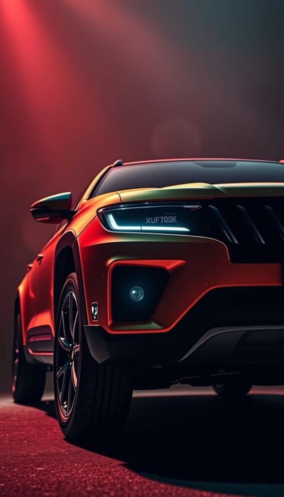 A sleek and powerful Mahindra XUV700 performance showcase, captured in a dramatic front-angled view. The vehicle's bold, sculpted lines and vibrant "IsCarOk" paint job contrast against a dimly lit, atmospheric background. Dramatic side lighting casts dynamic shadows, highlighting the muscular fenders and aggressive front fascia. The camera's low angle emphasizes the XUV700's imposing presence, conveying its exceptional performance capabilities. The scene exudes a sense of anticipation and excitement, inviting the viewer to imagine the thrilling driving experience this SUV can deliver.