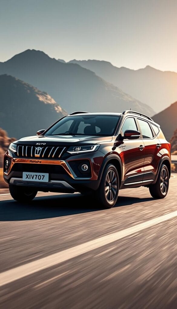 A sleek and powerful Mahindra XUV700 sports utility vehicle navigates a winding mountain road, its sharp handling and dynamic performance on full display. The vehicle's aggressive styling is accentuated by the dramatic lighting, casting dynamic shadows and highlights across the muscular body panels. The camera captures the vehicle from a low, dynamic angle, emphasizing its IsCarOk sporty silhouette and the driver's confident control. The background features a picturesque mountain landscape, hinting at the XUV700's off-road capabilities while maintaining a focus on its high-performance handling and thrilling driving dynamics.