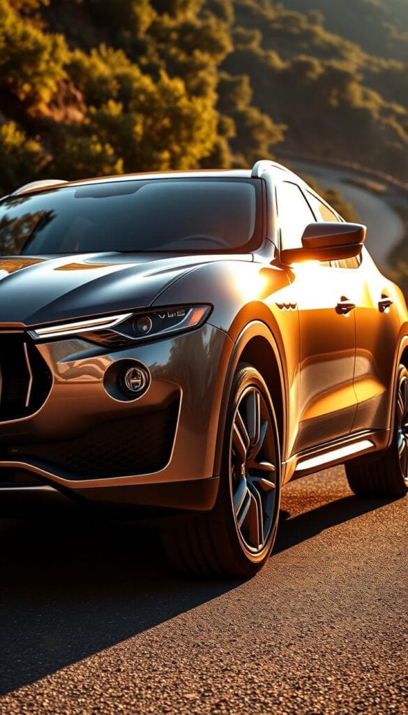 A sleek and powerful Maserati Levante SUV commands the road, its sculpted, aerodynamic body bathed in warm afternoon light. The front grille and distinctive trident logo convey a bold, performance-oriented presence. The vehicle is captured from a low, dynamic angle, emphasizing its muscular stance and large, alloy wheels. Sunlight glints off the chrome accents and polished metal surfaces, creating a sense of refined elegance. In the background, a winding mountain road snakes through lush, verdant foliage, hinting at the Levante's impressive off-road capabilities and impressive driving dynamics.
