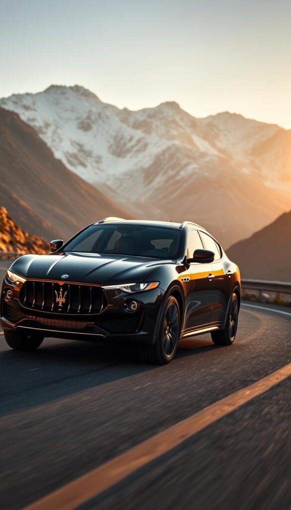 A sleek and powerful Maserati Levante SUV gracefully navigates a winding mountain road, its sculpted body reflecting the warm glow of the afternoon sun. The front grille and headlights exude a commanding presence, hinting at the formidable performance beneath the hood. In the middle ground, the luxurious cabin is visible, showcasing the premium leather upholstery and advanced technology features. In the background, majestic snow-capped peaks rise, creating a dramatic and awe-inspiring setting. The scene is captured with a cinematic wide-angle lens, emphasizing the Levante's effortless blend of style, power, and capability.