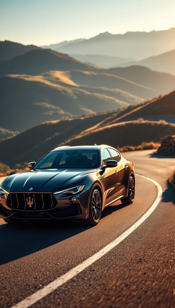 A sleek and powerful Maserati Levante SUV navigates a winding mountain road, its tires gripping the asphalt as it carves through the curves with precision and grace. The sun casts warm, golden light across the vehicle's sculpted lines, highlighting the distinctive Maserati grille and proud trident badge. In the foreground, the Levante's muscular stance and aggressive stance convey a sense of dynamic performance, while the lush, rolling hills and distant peaks in the background create a picturesque Italian landscape. The image captures the Levante's exceptional handling and driving dynamics, showcasing the perfect balance of luxury, power, and agility that defines the Maserati brand.