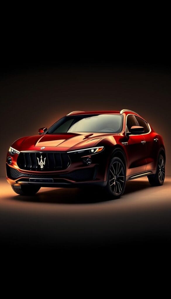 A sleek and powerful Maserati Levante SUV stands prominently in a high-contrast, studio-like environment. The vehicle's muscular, aerodynamic body is bathed in warm, dramatic lighting, casting dramatic shadows that highlight its sculpted lines and curves. The front grille, with its iconic trident logo, projects an air of refined aggression. The wheels are wrapped in high-performance tires, hinting at the vehicle's dynamic capabilities. In the background, a simple, neutral backdrop allows the Levante's stunning design to take center stage, showcasing its balance of luxury and performance.