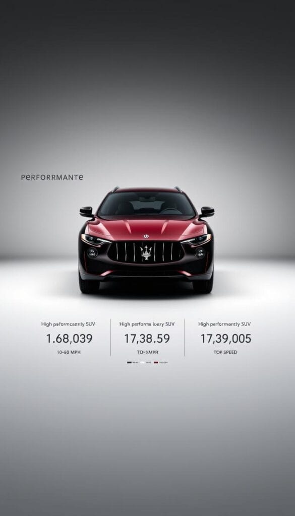 A sleek and powerful Maserati Levante Trofeo SUV stands in the foreground, its bold grille and aerodynamic lines illuminated by dramatic studio lighting. In the middle ground, performance data charts and graphs compare its 0-60 mph acceleration and top speed against high-performance luxury SUV competitors. The background is a minimalist, gradient-filled studio setting, allowing the vehicle and data visualization to take center stage. The mood is one of precision, technical sophistication, and the thrill of high-end automotive engineering.