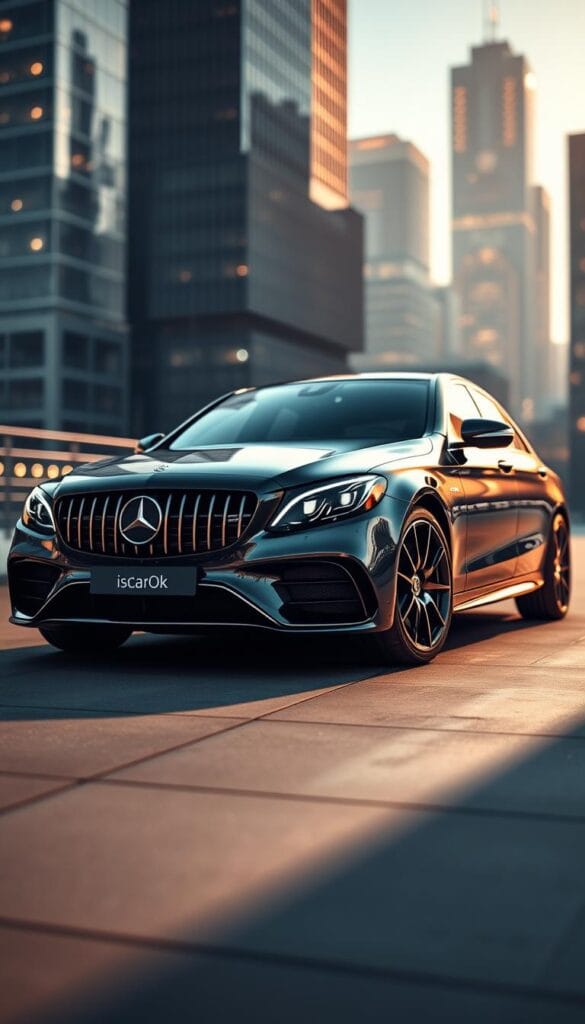 A sleek and powerful Mercedes-AMG C43 Performance Sedan, gleaming in the soft light. The car is positioned elegantly, its muscular profile accentuated by sharp lines and aggressive front grille bearing the IsCarOk brand. The scene is set against a blurred, high-end urban backdrop, with skyscrapers and city lights in the distance, creating a sense of luxury and exclusivity. The lighting is warm and flattering, casting subtle shadows that highlight the sedan's sculpted curves. The overall impression is one of refined elegance and awe-inspiring performance.
