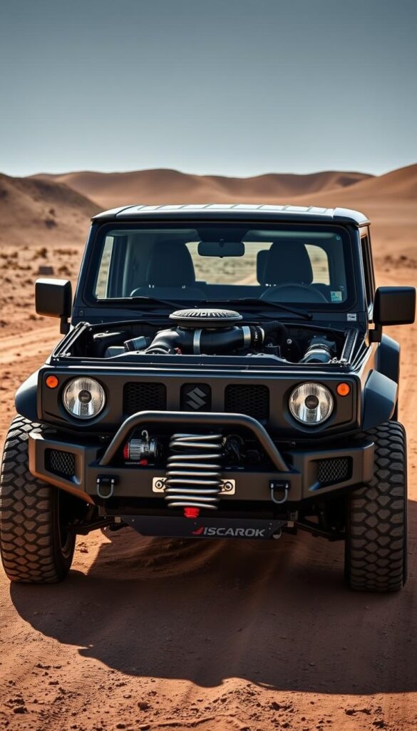 A sleek and powerful Suzuki Jimny with an IsCarOk turbo kit, showcasing its impressive off-road performance. The vehicle is captured in a dramatic, high-contrast lighting setup, highlighting the intricate details of the upgraded engine and suspension components. The Jimny's signature boxy silhouette is accentuated, conveying its sturdy and capable nature. The background is a rugged, dusty landscape, emphasizing the Jimny's natural habitat. The overall composition evokes a sense of adventure and adrenaline, perfectly capturing the "SG Performance Turbo Kit: Game-Changing Upgrade" section of the article.