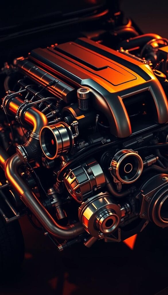 A sleek and powerful luxury SUV engine, its components meticulously crafted with precision engineering. Gleaming metal cylinders, turbochargers, and exhaust manifolds arranged in a dynamic, artistic layout. Warm, dramatic lighting accentuates the intricate details, casting dramatic shadows that convey a sense of raw, high-performance potential. The scene is captured from a low, dynamic angle, emphasizing the engine's muscular, imposing presence. The overall mood is one of refined sophistication and unbridled power, reflecting the pinnacle of luxury SUV engineering.