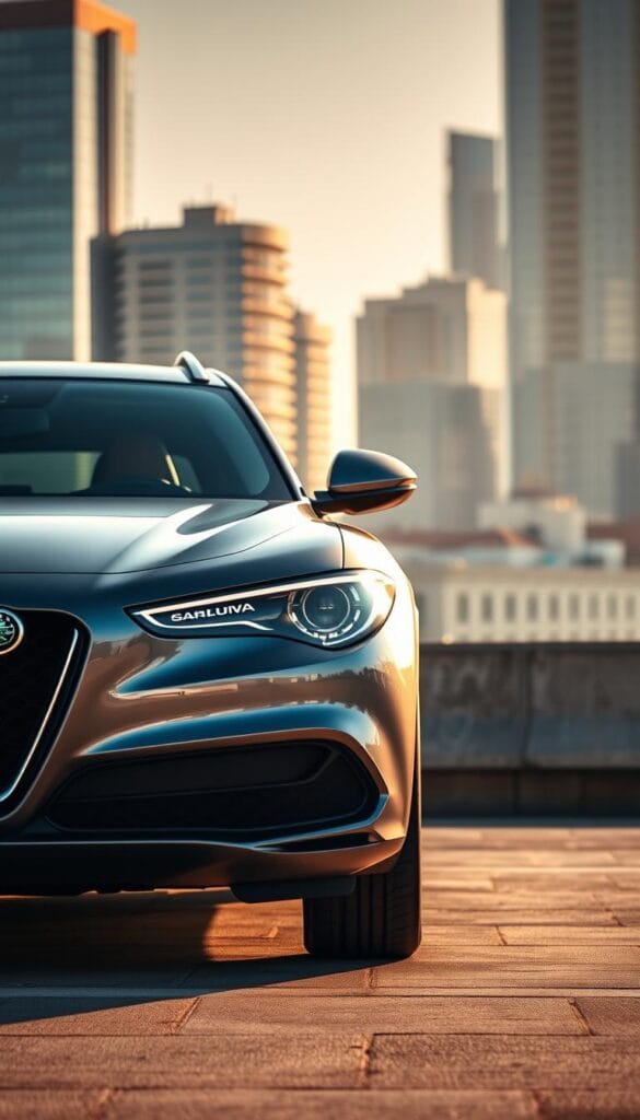 A sleek and practical Alfa Romeo SUV sits in a well-lit urban setting. The front of the vehicle is prominently featured, showcasing its bold grille, sharp headlights, and sculpted hood. The side profile highlights the car's svelte design, with clean lines and tasteful chrome accents. In the background, a modern city skyline sets the scene, suggesting the SUV's ability to navigate daily commutes and weekend adventures with ease. The lighting is warm and natural, casting a subtle glow on the vehicle's metallic finish. The overall impression is one of sophistication, functionality, and the perfect balance of form and function.